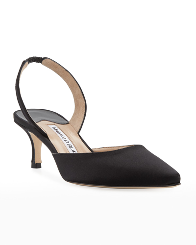 MANOLO BLAHNIK CAROLYNE SATIN LOW-HEEL SLINGBACK PUMPS, BLACK