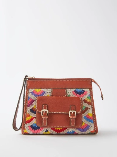 Chloé Edith Crochet Wool-blend Leather Clutch Bag In Tan