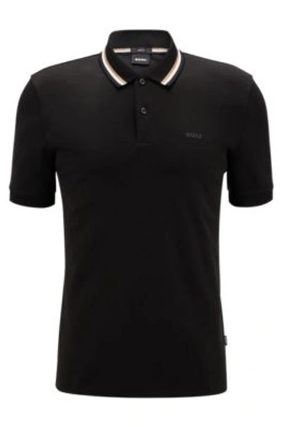 Hugo Boss Slim-fit Polo Shirt In Cotton With Striped Collar In Black