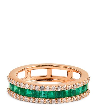 Bee Goddess Rose Gold, Diamond And Emerald Mondrian Ring (size 16) In Multi