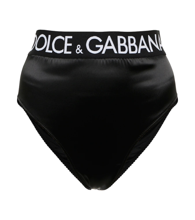 Dolce & Gabbana Logo边带高腰绸缎内裤 In Black