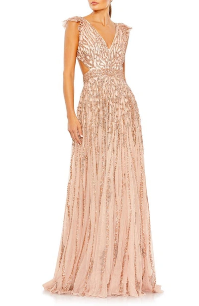 Mac Duggal Sequin Vines Flutter Sleeve A-line Gown In Apricot
