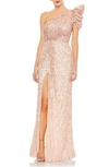 Mac Duggal One-shoulder Sequined Stripe Gown In Apricot