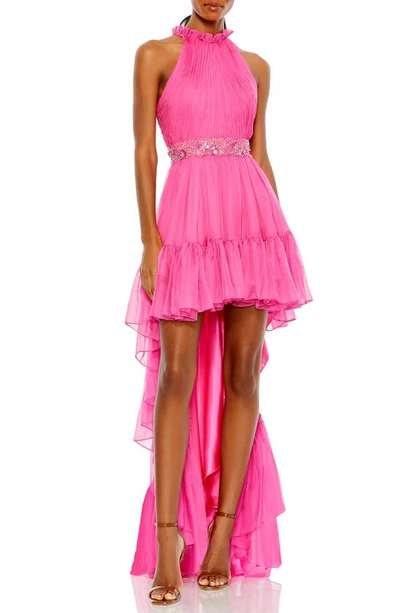 Mac Duggal Halter Neck High Low Flowy Gown In Hot Pink