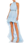 Mac Duggal Halter Neck High Low Flowy Gown In Ice Blue