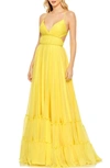 Mac Duggal Empire Waist Tiered Chiffon Gown In Buttercup