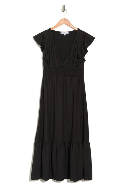 Velvet Torch Floral Ruffle Sleeve Smocked Maxi Dress In Black