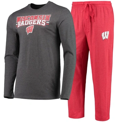 Concepts Sport Men's  Red And Heathered Charcoal Wisconsin Badgers Meter Long Sleeve T-shirt And Trouser In Red,heathered Charcoal