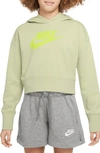 Nike Kids' Club Crop Cotton Blend French Terry Hoodie In Olive Aura/ Atomic Green