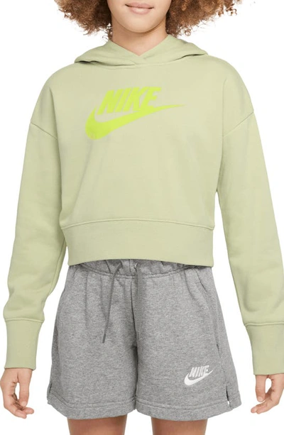 Nike Kids' Club Crop Cotton Blend French Terry Hoodie In Olive Aura/ Atomic Green