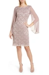 Connected Apparel Cape Long Sleeve Lace Cocktail Dress In Dusty Rose