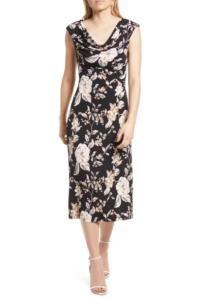 Connected Apparel Floral Print Cowl Neck Midi Dress In Black Floral