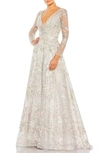 Mac Duggal Embellished Wrap Over Illusion Long Sleeve A-line Dress In Pastel Multi