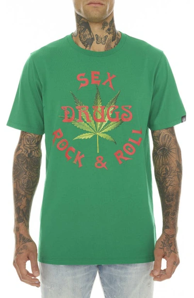 Cult Of Individuality T-shirt Short Sleeve Crew Neck Tee "sex Drugs & Rock N Roll" In Green