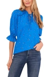 Cece Floral Print Split Neck Blouse In Ocean Blue