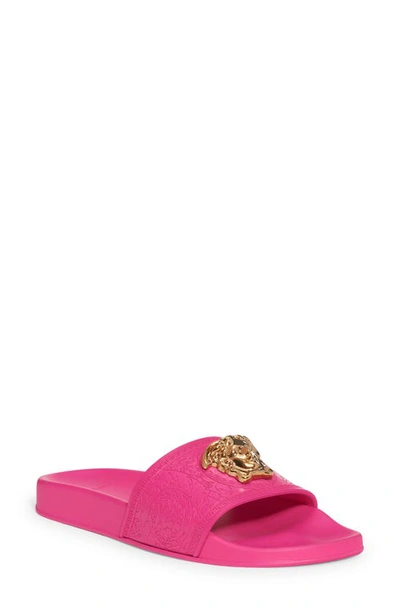 Versace Medusa Slide Sandal In Fuxia- Gold