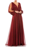 Mac Duggal V-neck A-line Chiffon Gown Beaded Cuffs In Garnet In Garnet