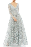Mac Duggal Floral Embroidered Long Sleeve Gown In Platinum