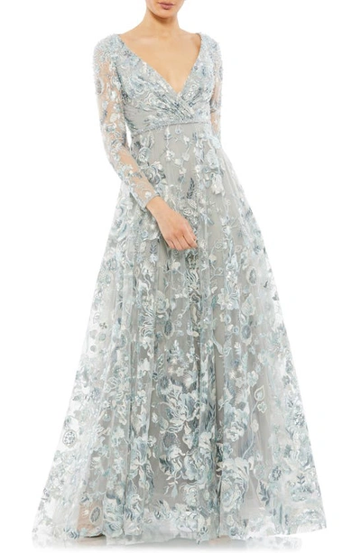 Mac Duggal Floral Embroidered Long Sleeve Gown In Platinum