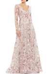 Mac Duggal Long-sleeve Floral Embroidered A-line Gown In Rose