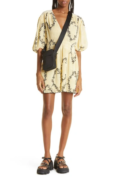 Ganni Women's Pleated Georgette V-neck Smocked Mini Dress In Floral Shadow Flan