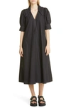Ganni Poplin Puffed-sleeve Topstitched Midi Dress In Black