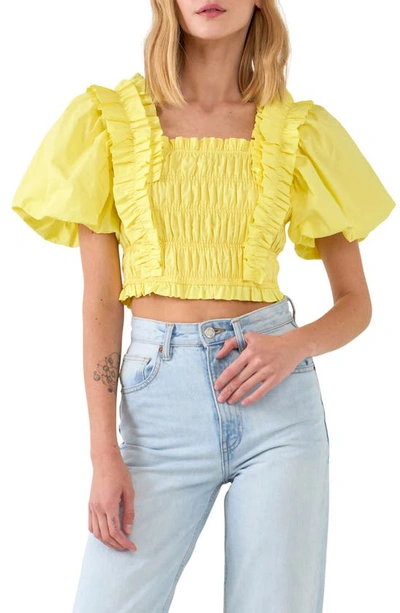 English Factory Shirred Bodice Puff Sleeve Cotton Crop Top In Yellow