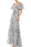 MAC DUGGAL EMBROIDERED SEQUIN FLUTTER SLEEVE GOWN