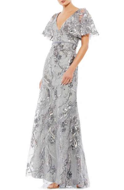 Mac Duggal Embroidered Sequin Flutter Sleeve Gown In Platinum