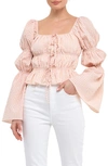 English Factory Front Tie Shirred Puff Sleeve Top In Blush