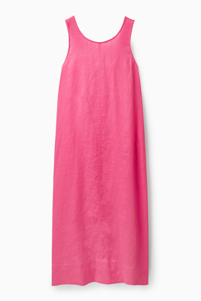 Cos Gathered Linen Midi Dress In Pink