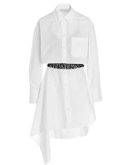 Jw Anderson Asymmetric Lace-trimmed Cotton-poplin Shirt Dress In White Black