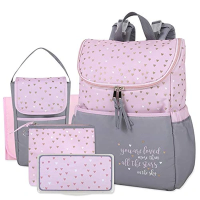 Baby Essentials Diaper Bag Backpack 5 Piece Set With Sun In Grey/pink Backpack