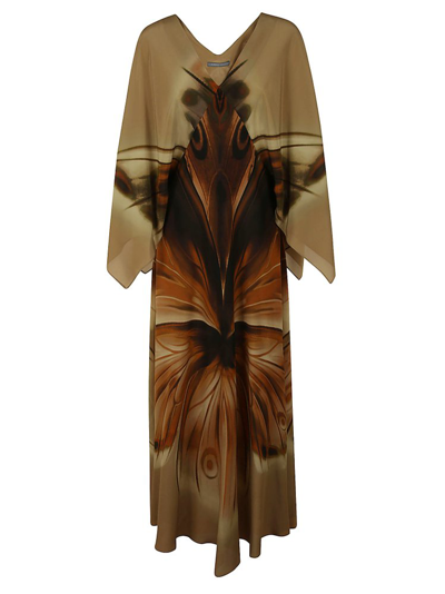 Alberta Ferretti Butterfly Print Long Sleeved Dress In Beige