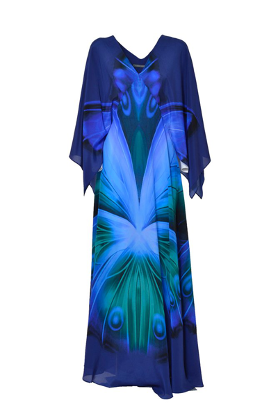 Alberta Ferretti Fluid Butterfly Chiffon Maxi Dress In Gnawed Blue