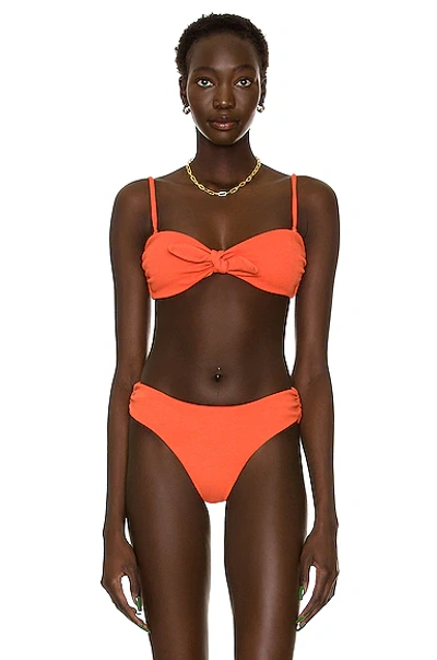 Jonathan Simkhai Katrine Ripple Textured Tie Front Bikini Top In Chili In Orange