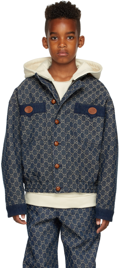Gucci Babies' Kids Blue Denim Gg Jacquard Jacket In 4266 Dk Blue/ivory/m