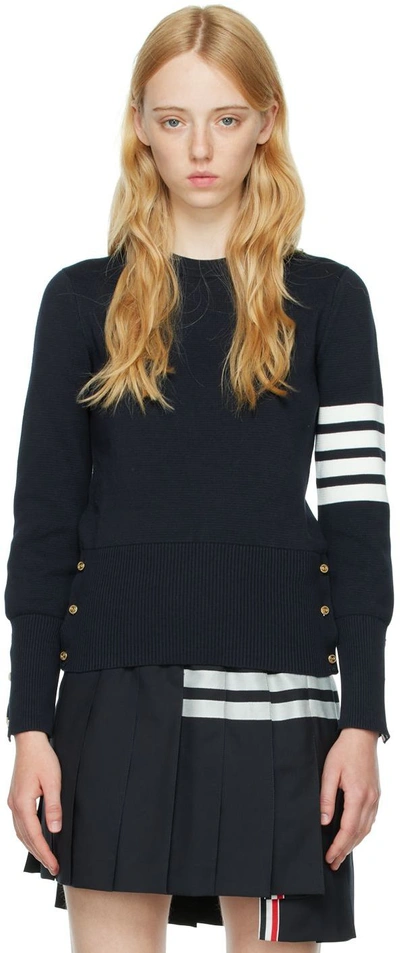 Thom Browne Crew Neck Wool Sweater With Striped Sleeves In Navy
