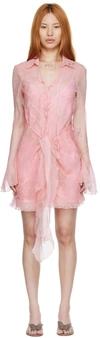Blumarine Short Pink Dress In Printed Silk With Ruffles And Long Sleeve In M1268 Flamingo Pink/