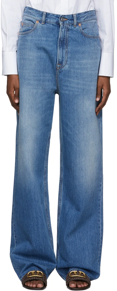 Valentino Relaxed Fit Medium Blue Denim Wide Leg Jeans For Women In Ss24