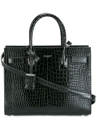 Saint Laurent Sac De Jour Small Crocodile-embossed Satchel Bag - Silver Hardware In Black