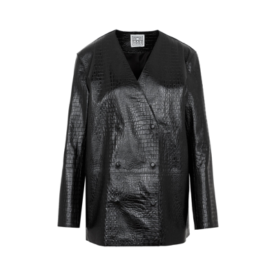 Totême Double-breasted Croc-effect Leather Blazer In Black
