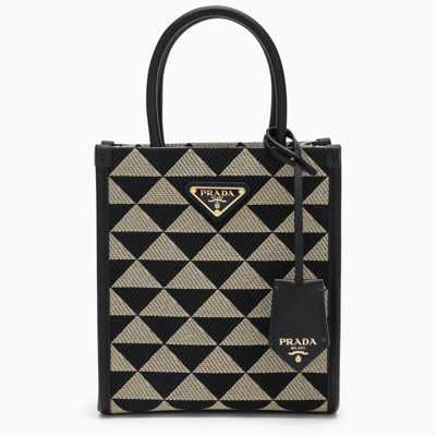 Prada Black And Beige Symbole Mini Tote In Jacquard