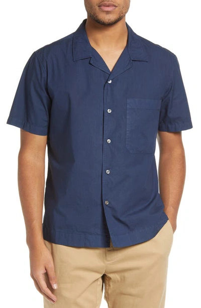 Frame Cotton Short Sleeve Button-up Camp Shirt In Navy
