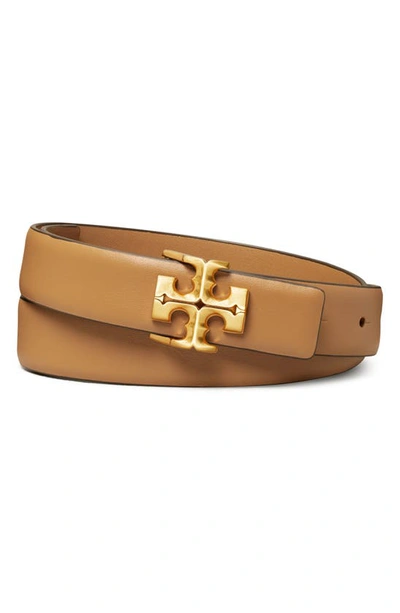 Tory Burch Kira Leather Logo Belt In Brown/gold
