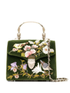 Aspinal Of London Mayfair Midi Green Leather Velvet English Garden Birds Hand Embroidered Bag In Green