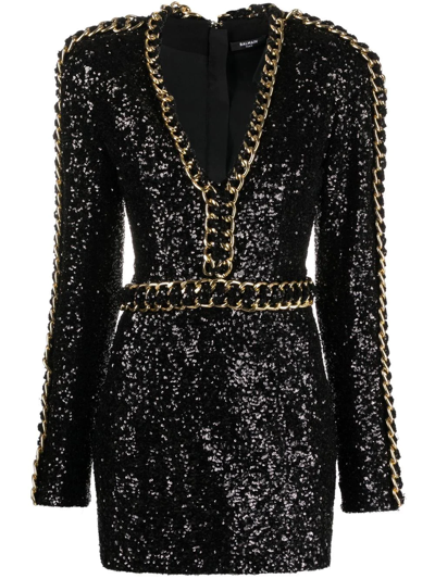 Balmain Chain-embellished Sequinned Mini Dress In New