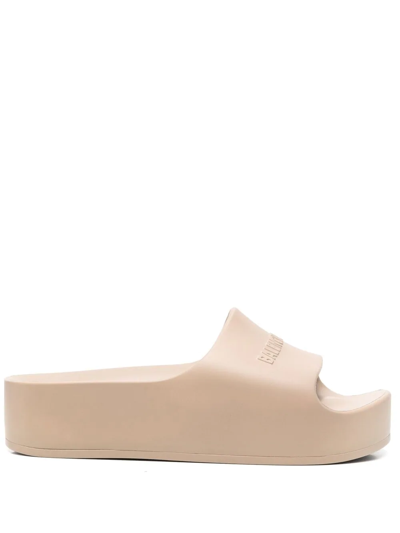 Balenciaga Logo-embossed Rubber Flatform Slides In Taupe
