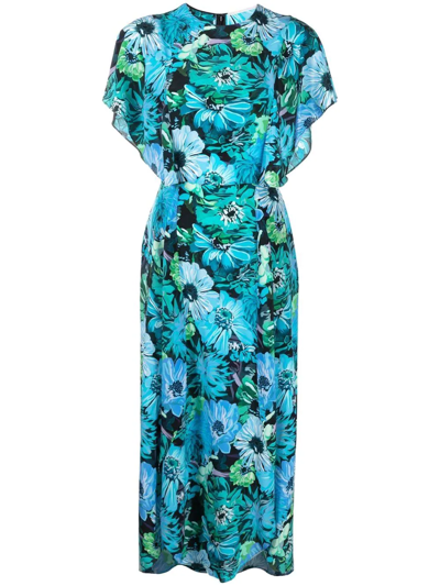Stella Mccartney Floral Print Flutter Sleeve Silk Midi Dress In Blue