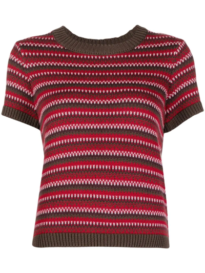 Ymc You Must Create Mitchell Crochet Stripe Knitted Top In Brown / Red